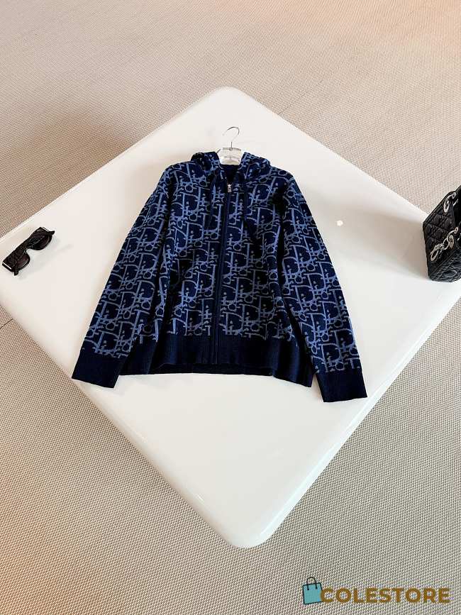Colestore Dior Hooded Zipped Cardigan Navy Blue Dior Oblique Wool-Blend Jacquard  - 1