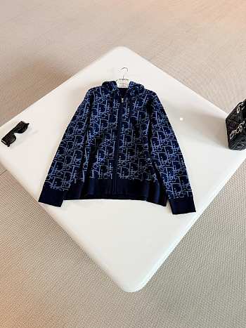 Colestore Dior Hooded Zipped Cardigan Navy Blue Dior Oblique Wool-Blend Jacquard 