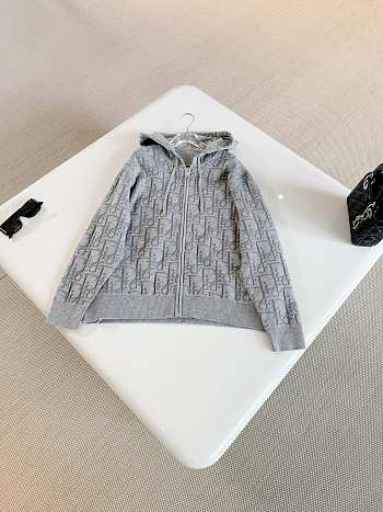 Colestore Dior Hooded Zipped Cardigan Gray Dior Oblique Wool-Blend Jacquard