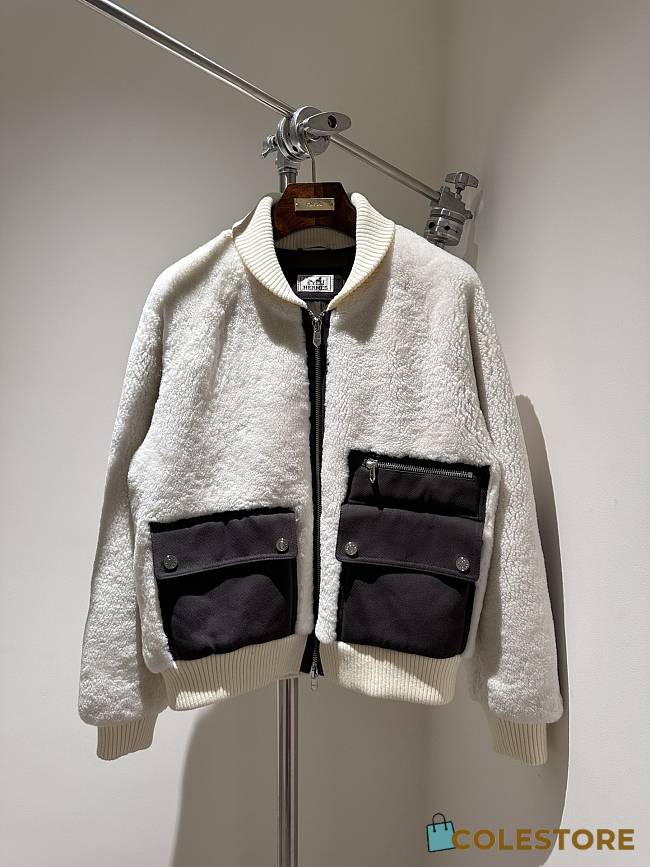 Colestore  Hermes Shearling Baseball Jacket White - 1