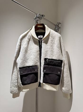 Colestore  Hermes Shearling Baseball Jacket White