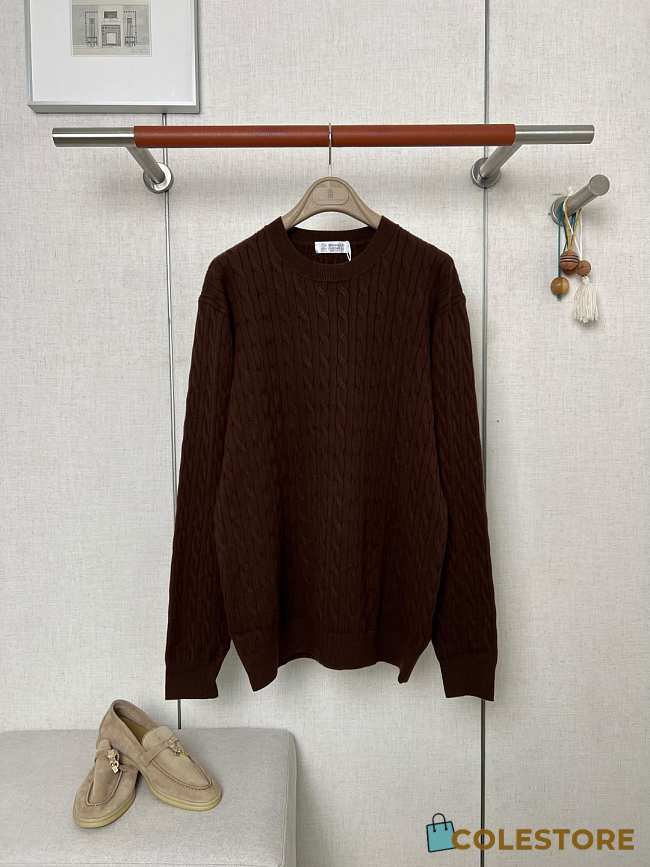 Colestore Brunello Cucinelli Classic Cable Knit Crewneck Sweater Brown - 1