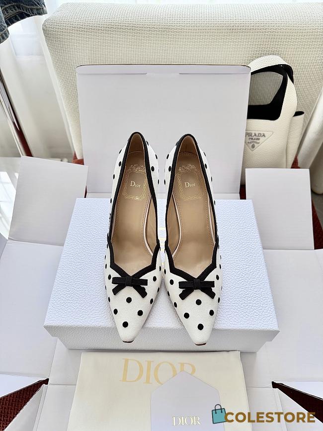 Colestore Dior Romance Pump White Cotton Embroidered with Black PolkaDior Motif - 1