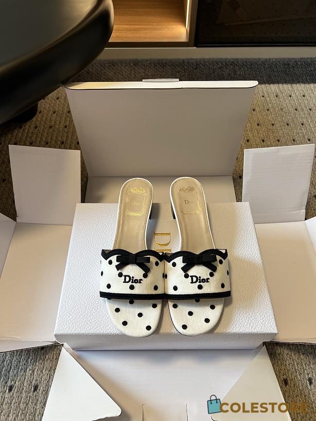 Colestore Dway Heeled Slide White Cotton Embroidered with Black PolkaDior Motif - 1