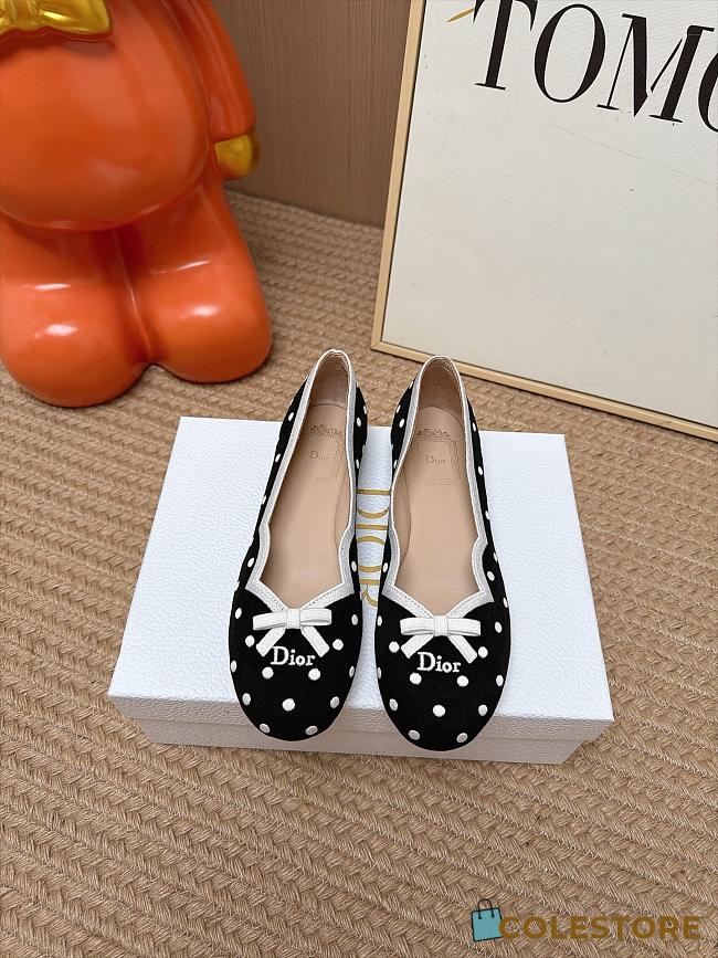 Colestore Dior Romance Ballet Flat Black Cotton Embroidered with White PolkaDior Motif - 1