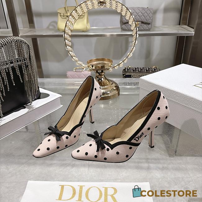 Colestore Dior Romance Pump Pink Cotton Embroidered with Black PolkaDior Motif - 1