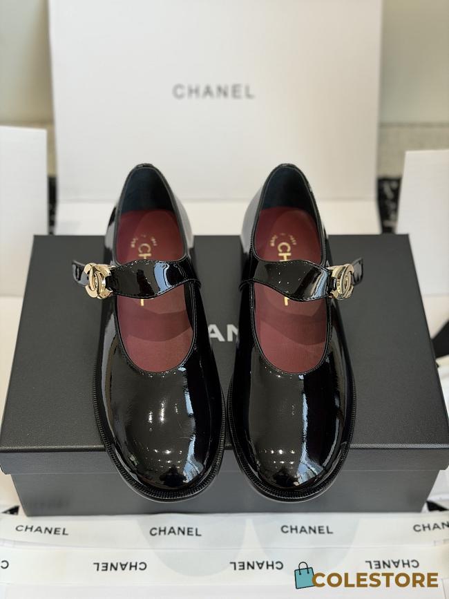 Colestore Chanel Mary Jane Flats Patent Leather Black with Gold CC Turnlock - 1