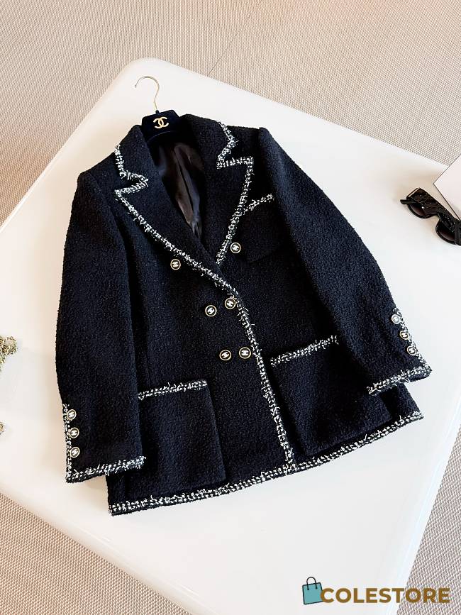 Colestore Chanel Vintage Black Tweed Jacket with Braided Trim and Gold CC Buttons - 1