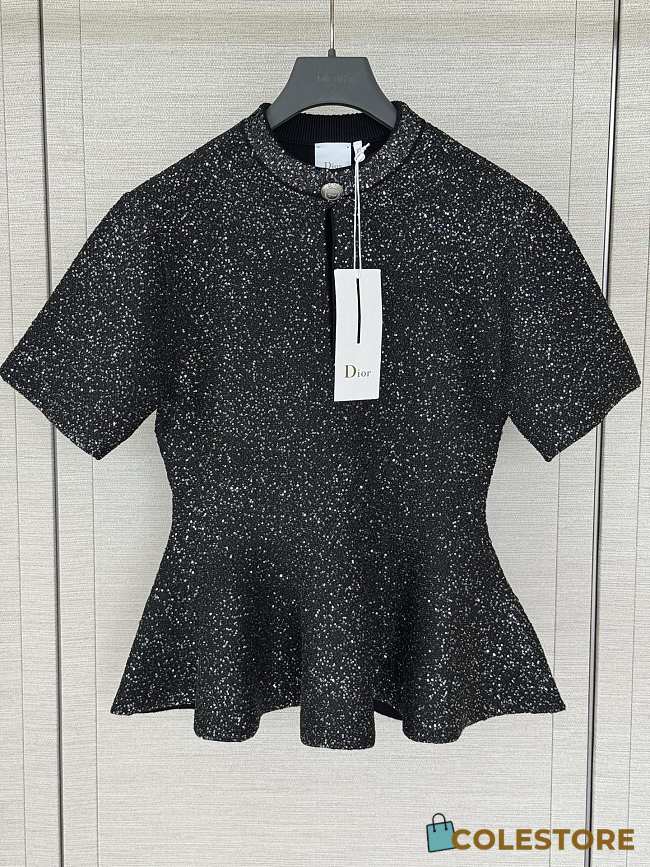 Colestore Dior Short-sleeved peplum sweater Black technical knit with silver sequins - 1