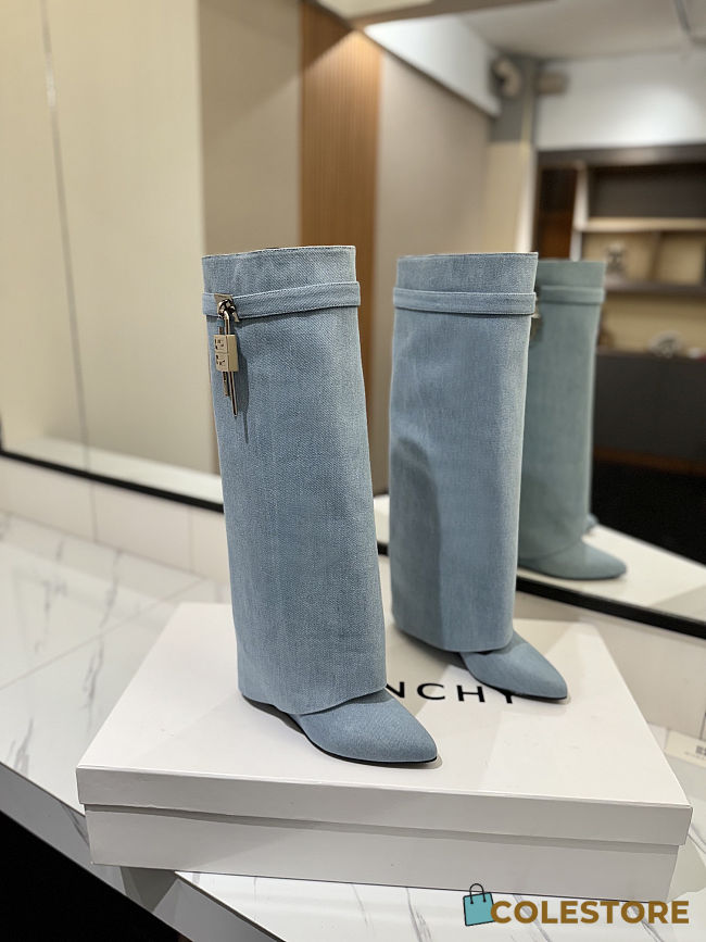 Colestore Givenchy Shark Lock denim knee-high boots Blue Washed Denim - 1