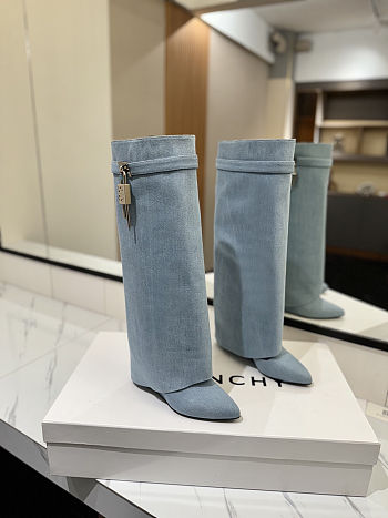 Colestore Givenchy Shark Lock denim knee-high boots Blue Washed Denim