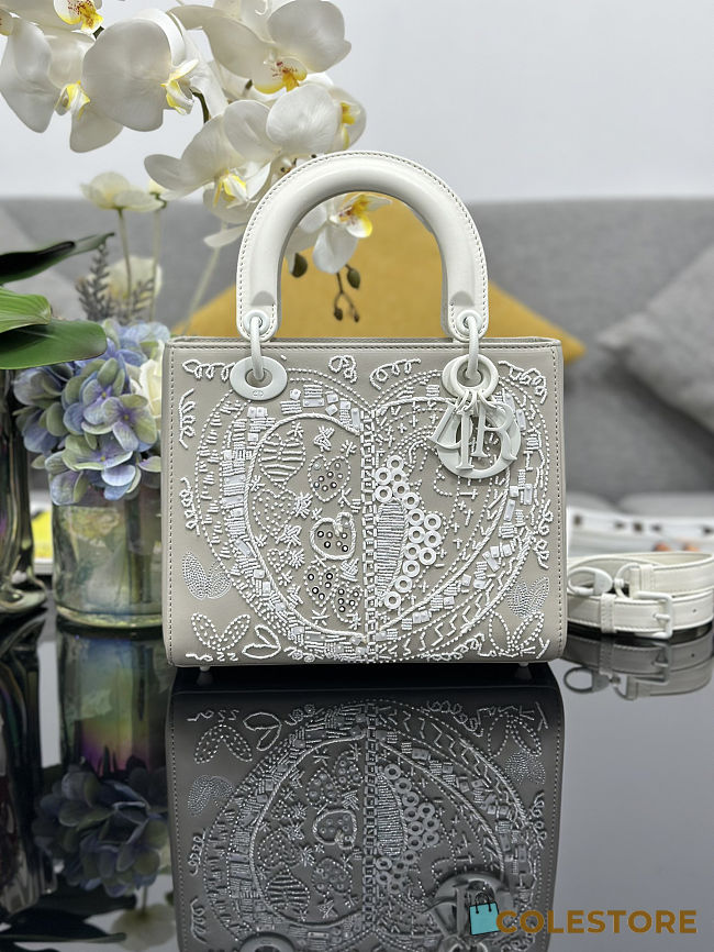 Colestore Dior Medium Lady Dior Bag – White Embellished/Beaded Heart Design 24 x 20 x 11 cm - 1