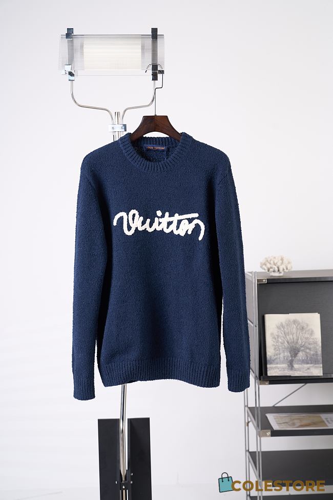Colestore Louis Vuitton Embroidered Signature Long-Sleeved Crewneck Navy Blue - 1
