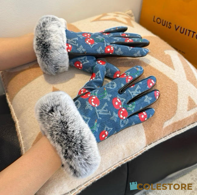 Colestore Louis Vuitton LV x TM Denim Cerise Gloves Fur-Cuff - 1