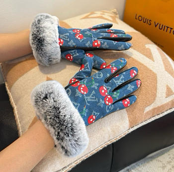 Colestore Louis Vuitton LV x TM Denim Cerise Gloves Fur-Cuff