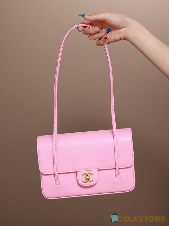 	 Colestore Chanel Small Flap Bag Grained Shiny Calfskin & Gold-Tone Metal Pink 15 x 22 x 7cm - 1
