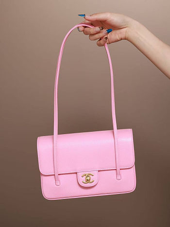 	 Colestore Chanel Small Flap Bag Grained Shiny Calfskin & Gold-Tone Metal Pink 15 x 22 x 7cm
