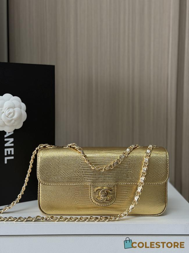 Colestore Chanel Metallic Calfskin Lizard Embossed Small East West Flap Gold 12× 21.5×4.2cm - 1