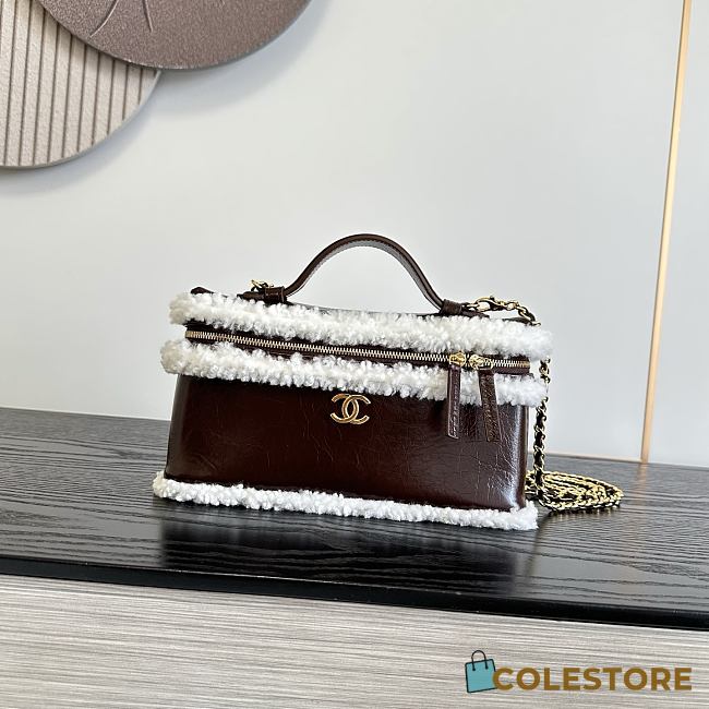 Colestore Chanel  Fall Winter 2026 Pre-Collection  Vanity with Chain  Aged Calfskin, Ecru Shearling & Gold-Tone Metal  Dark Brown 12 x 25 x 5cm - 1