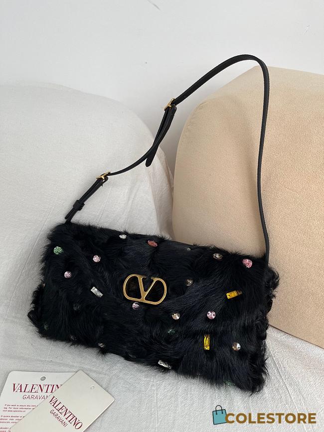 Colestore Valentino Garavani Devain Small Shoulder Bag In Lamb Fur With Rhinestones Black/multicolour 23.5x12x3cm - 1