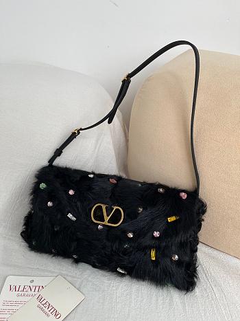 Colestore Valentino Garavani Devain Small Shoulder Bag In Lamb Fur With Rhinestones Black/multicolour 23.5x12x3cm
