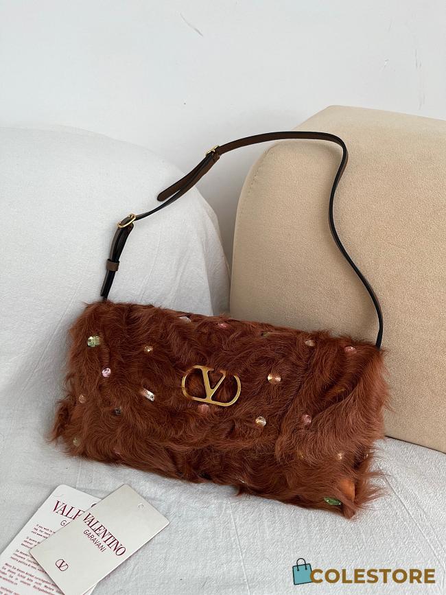 Colestore Valentino Garavani Devain Small Shoulder Bag In Lamb Fur With Rhinestones Brown/multicolour 23.5x12x3cm - 1