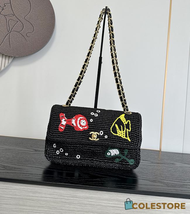 Colestore Chanel  Cruise 2026/27 Small Flap Bag Braided Raffia, Embroidered Motifs & Gold-Tone Metal Black 16 x 25.5 x 7cm - 1