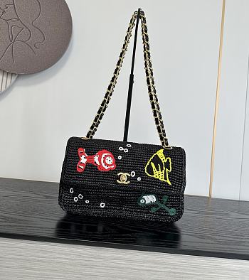 Colestore Chanel  Cruise 2026/27 Small Flap Bag Braided Raffia, Embroidered Motifs & Gold-Tone Metal Black 16 x 25.5 x 7cm