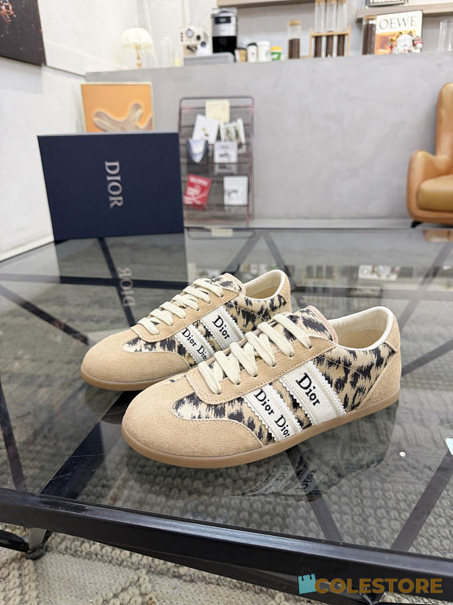 Colestore Dior Ribbon Sneaker Beige Suede Calfskin and Natural Mizza Printed Fabric - 1