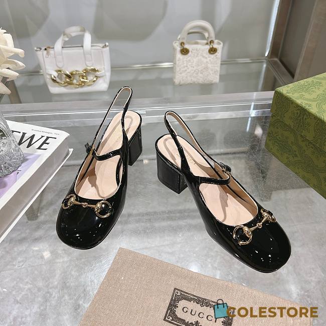 Colestore Gucci Horsebit 55 Patent Leather Slingback Pumps Black - 1