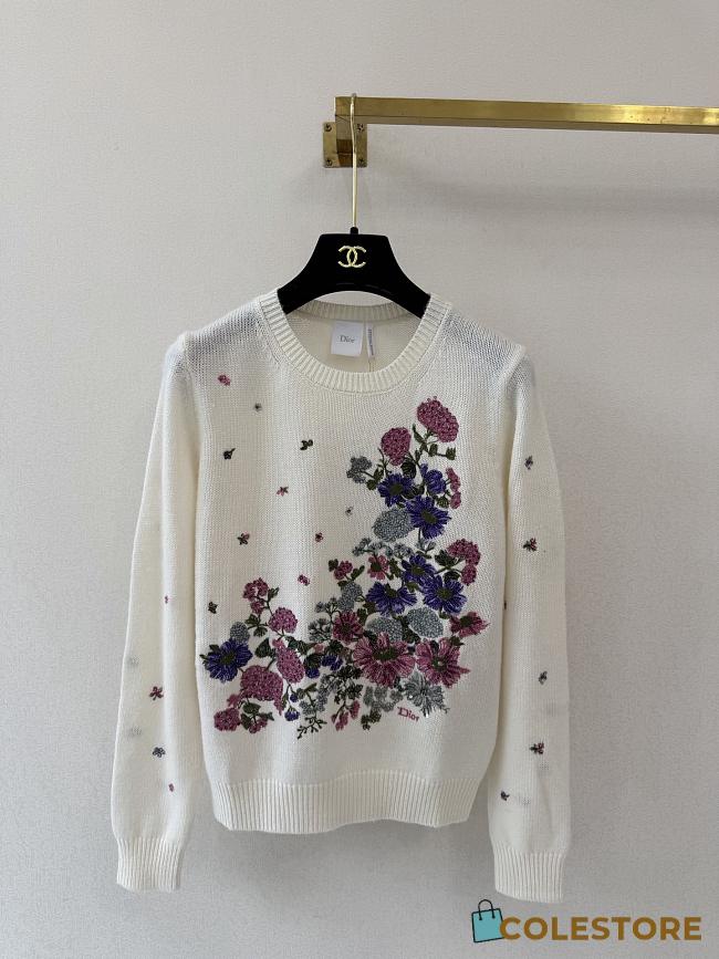 Colestore Dior Embroidered Sweater Ecru Cashmere Knit with Multicolor Dior Hortensia Garden Motif - 1
