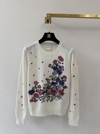 Colestore Dior Embroidered Sweater Ecru Cashmere Knit with Multicolor Dior Hortensia Garden Motif