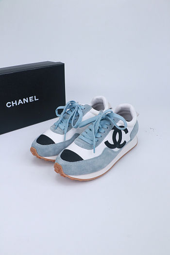 Colestore Chanel suede and fabric CC sneakers in light blue and black