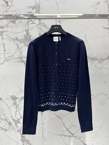 Colestore Dior Fitted Cardigan Black Virgin Wool Jersey Knit with Silver-Tone Strass PolkaDior Motif