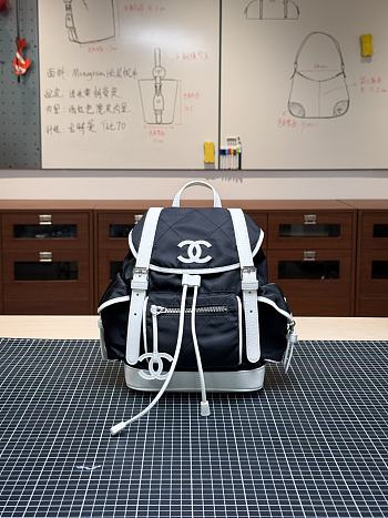 Colestore Chanel Large Backpack   Nylon, Calfskin & Silver-Tone Metal  Black & White 30 x 26 x 11 cm