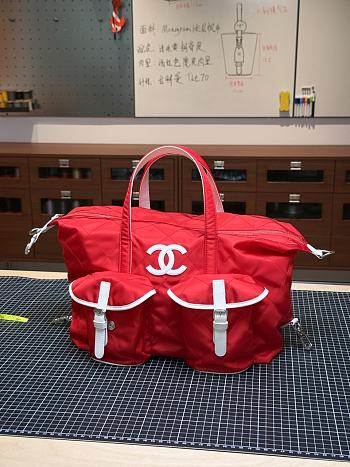 Colestore Chanel Large Bowling Bag   Nylon, Calfskin & Silver-Tone Metal  Red & White 22 x 35 x 17 cm