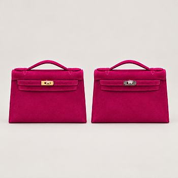 	 Colestore Hermes Kelly Pochette Rose Pourpre Suede 22 x 14 x 7cm