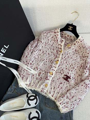 Colestore Chanel Cardigan   Silk & Mixed Fibers  Burgundy, White & Pink