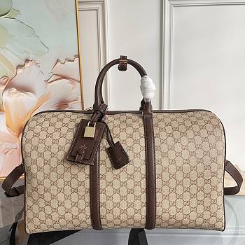 Colestore Gucci Essence Classic medium duffle bag in sand and brown GG canvas 45 x 27 x 23 cm