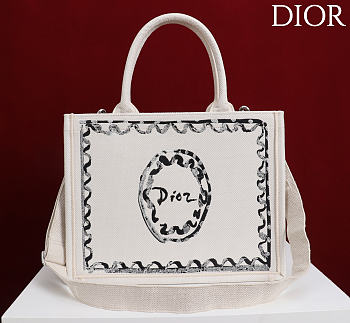Colestore Dior Dioriviera Medium Dior Book Tote with Strap Beige Dior Painted Ribbon Embroidery (36 x 27.5 x 16.5 cm)