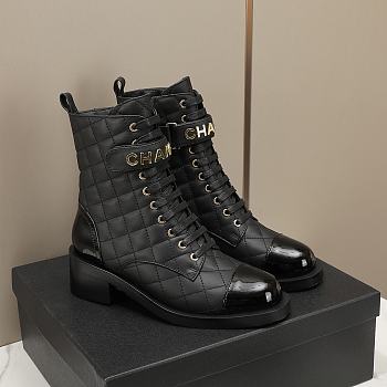 Colestore Chanel Lambskin Patent Calfskin Quilted Logo Lace Up Combat Boots Black
